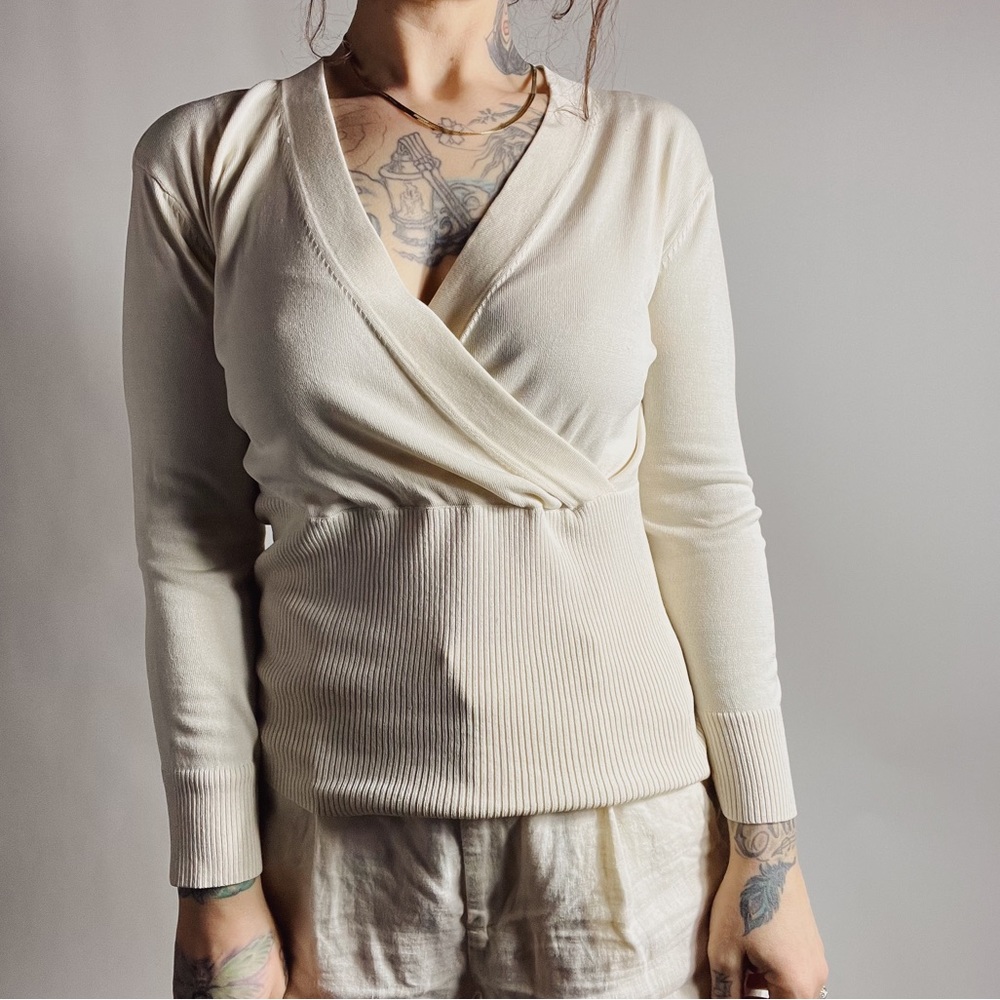 VINTAGE Talbots Silk Knit Blend V-Neck Surplice Ivory Cream Lightweight Sweater